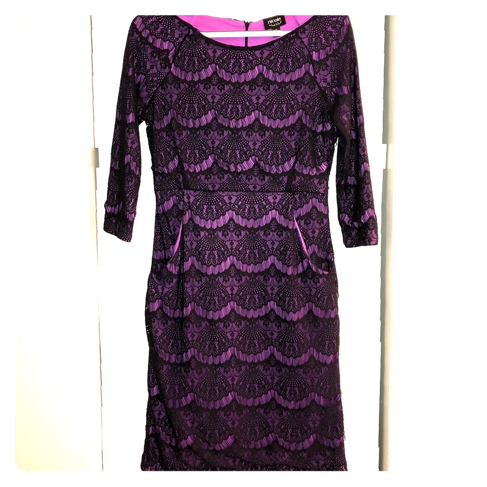 Nicole Dress Purple/Black lace overlay, Small.